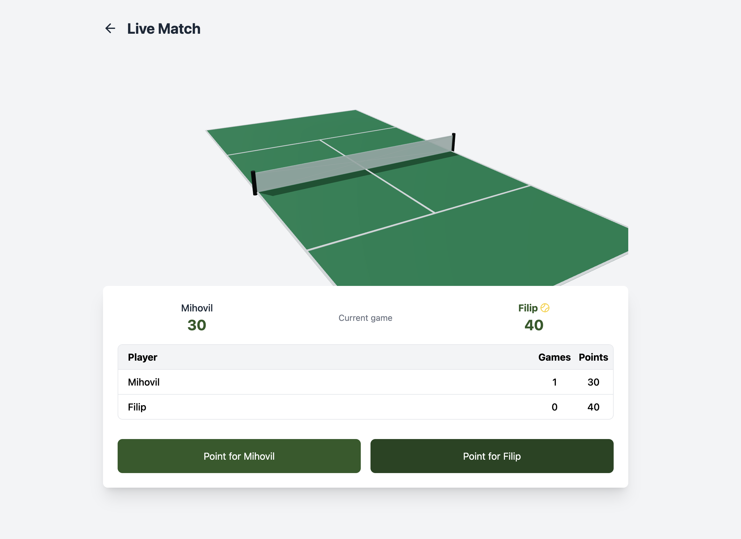 Tennis score tracking app interface